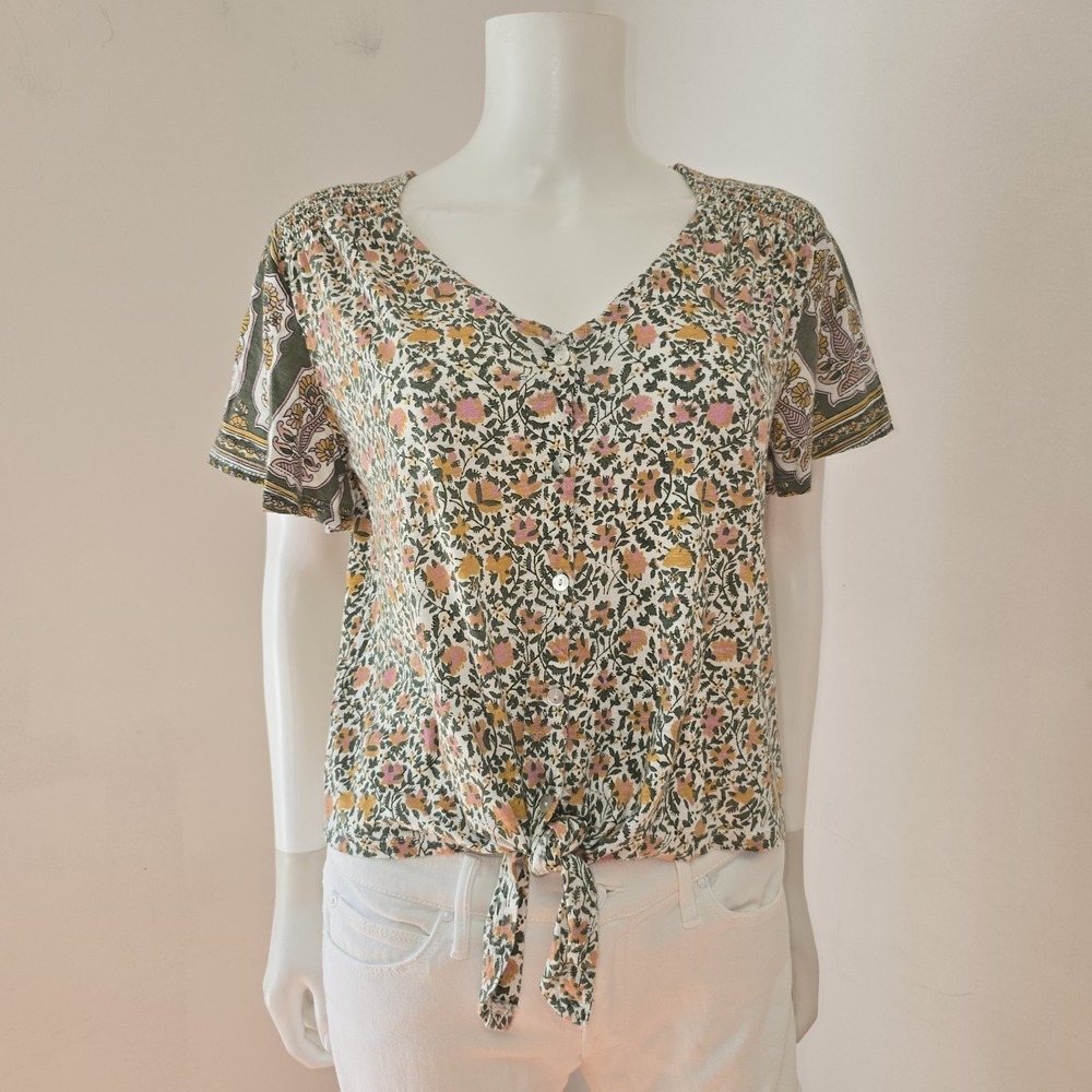 Lucky Brand Floral Tie Front Boho Blouse Top Size M Floral Flutter Sleeve V-neck